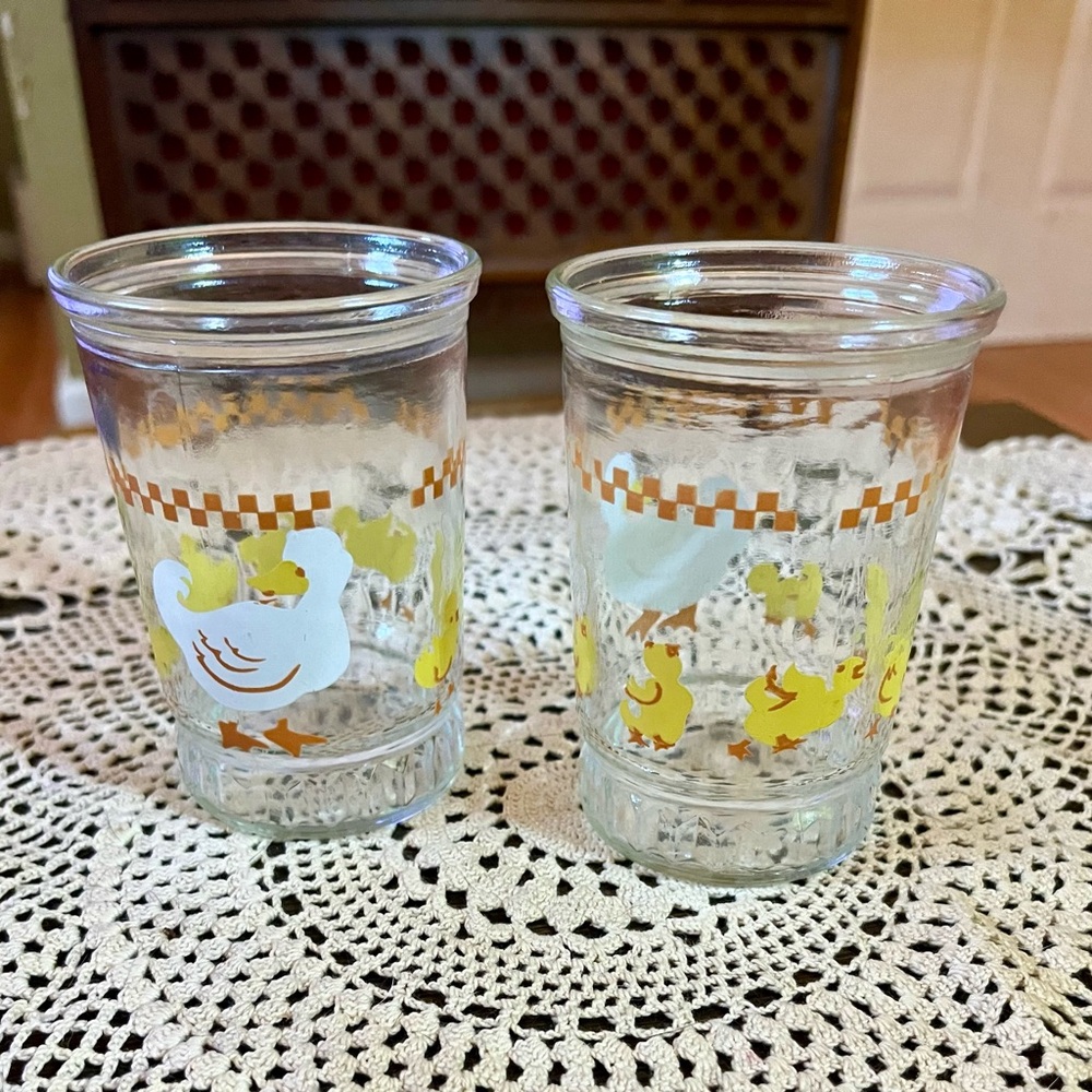 Set Of 2 Vintage BAMA Jelly Jar Juice Glasses White Ducks Geese Goose 4" Tall